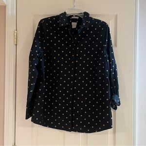 Women’s Chico’s No Iron Black with Brown Polka Dot Button Up Shirt Size 2